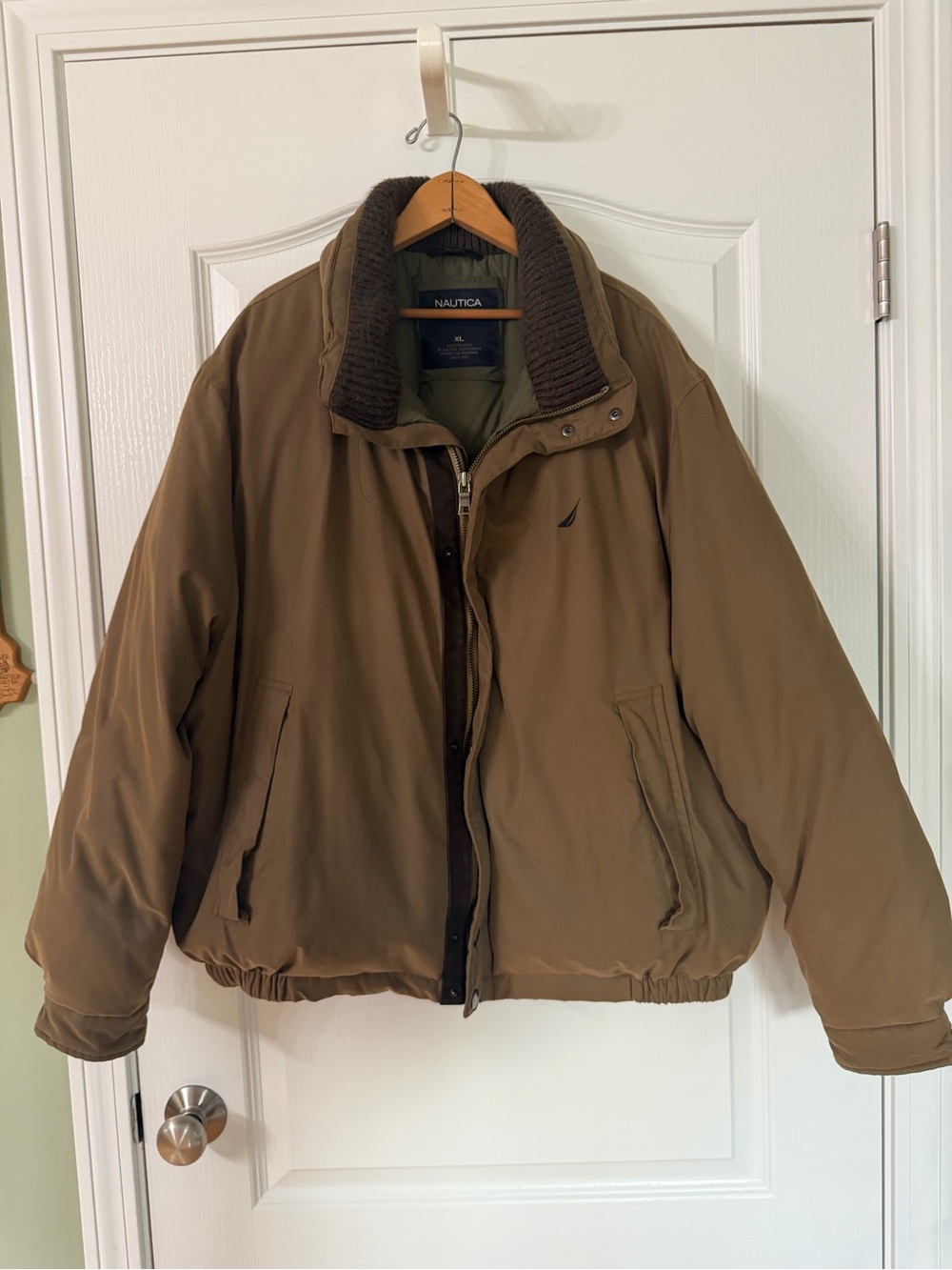 Nautica Men's Brown Puffer Jacket with Ribbed Collar, XL